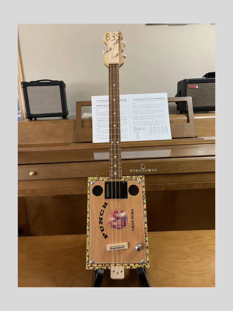 3-string guitar made with Punch cigar box vertical view