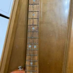The image shows the neck and part of the body of a wooden guitar with white plastic inlay side markers, Roberts screw fret markers, and a jumbo fret nut.