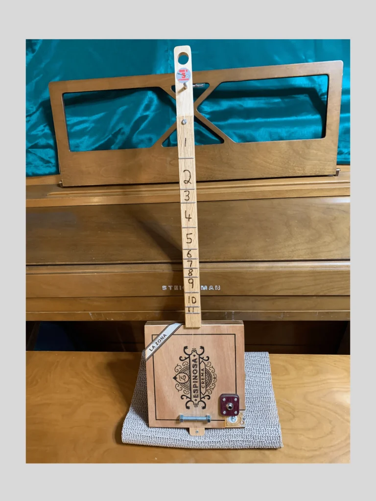 Front, vertical view of #66 diddley bow guitar by Bob's 3-Stringers